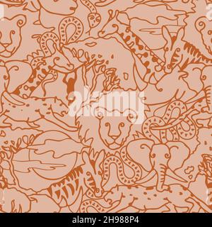 Seamless vector pattern with African animal on beige background. Safari one line wallpaper design for children. Stock Vector
