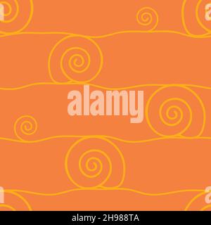 Seamless vector pattern with spiral line on orange background. Snail shell simple wallpaper design. Abstract line art fashion textile. Stock Vector