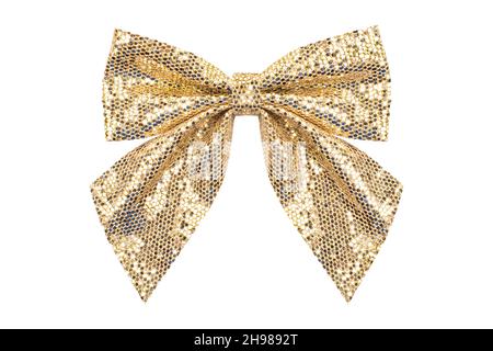 Golden ribbon with bow isolated on white Stock Photo