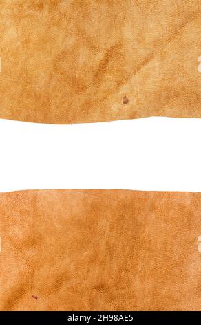 Two pieces of brown leather with a space for text isolated on white background. Stock Photo
