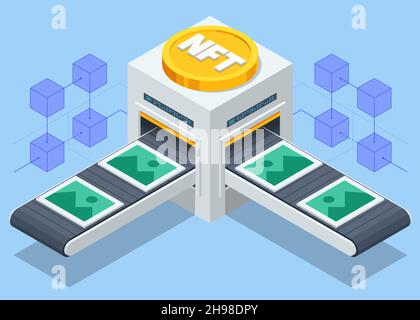 Isometric NFT Non-fungible token is a unique and non-interchangeable unit of data stored on a digital ledger blockchain. Digital art NFTs, generative Stock Vector