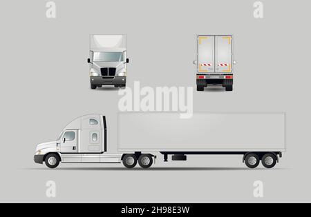 Image of a modern American road train with an insulated body. Side, back and front views. Flat vector illustration. Stock Vector