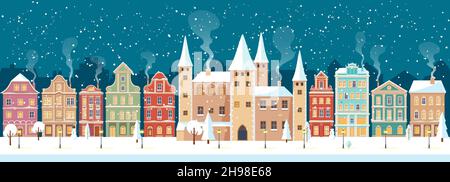 Snowy Christmas night in cozy town city panorama with castle. Winter village landscape, flat style, vector illustration Stock Vector
