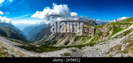 Alpine Landscape With Mountain Peaks And View To Rifugio Auronzo On Mountain Tre Cime Di Lavaredo In South Tirol In Italy Stock Photo