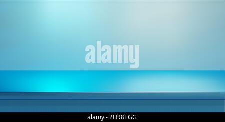 Blue steel countertop, empty shelf. Vector realistic mockup of table top, kitchen counter on light pastel background with spot light. Bar desk surface Stock Vector