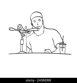 line art smiling male muslim with microphone illustration vector isolated on white background Stock Vector