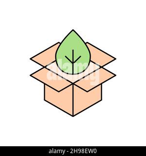 Biodegradable packaging. Cardboard box with a leaf. Environmental friendly package. Sustainable packaging. Recycled compostable materials. Vector Stock Vector