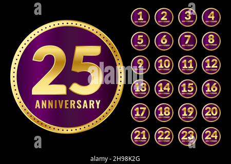Anniversary Labels. Collection of Gold and Purple Luxury Celebration Emblems Flat Vector Stock Vector