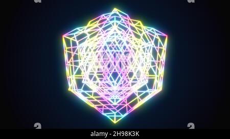 Holographic polygon 3d render with bright gradient. Abstract cyber fractal with braided lines. Complex block in futuristic ornament. Element of online Stock Photo