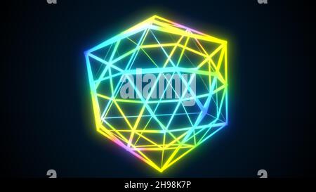 Holographic polygon 3d render with bright gradient. Abstract cyber fractal with braided lines. Complex block in futuristic ornament. Element of online Stock Photo