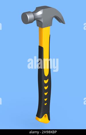 Black and yellow hammer with a rubberized handle isolated on blue background. 3d render and illustration of tool for repair and building Stock Photo