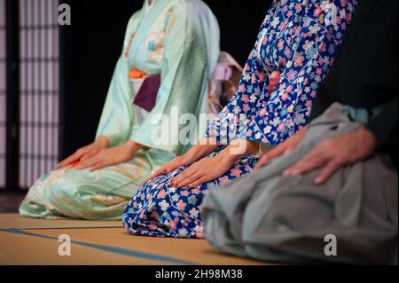 Guests sitting on Seiza position, wearing traditional kimono,in chashitsu room, during a tea ceremony.