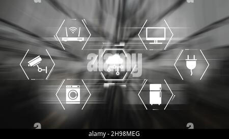 Iot or Internet of things concept. Scheme with cloud services and security , household appliances and electricity Stock Photo