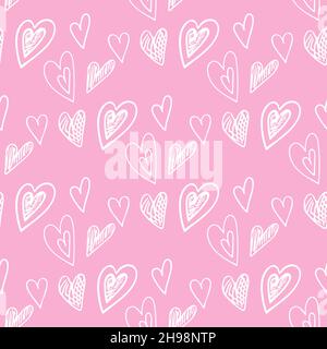 Cute doodle style white hearts seamless vector pattern on red background. Valentine's Day handwritten background. Stock Vector