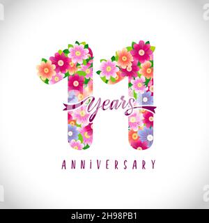 11th anniversary numbers. 11 years old logotype. Floral pink congrats. Isolated abstract graphic design template. Cute creative sign, age digits, ribb Stock Vector