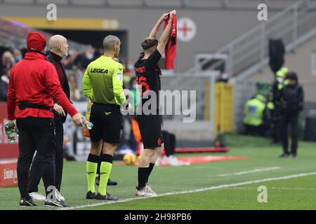 Alexis Saelemaekers of AC Milan celebrates after scoring a goal with Simon Kjaer of AC Milan jersey during the Serie A 2021/22 football match between Stock Photo