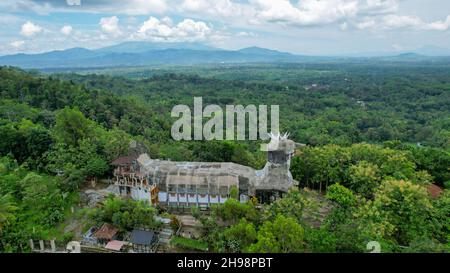 Aerial view of Chiken Church, a unique building on the hill of Rhema, Magelang Yogyakarta. Bukit Rhema. Magelang, Indonesia, December 6, 2021