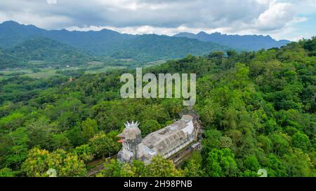Aerial view of Chiken Church, a unique building on the hill of Rhema, Magelang Yogyakarta. Bukit Rhema. Magelang, Indonesia, December 6, 2021
