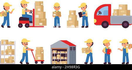 Flat warehouse. Factory truck, logistic operator and cute delivery team. Transporting service, post industry. Workers in uniform decent vector set Stock Vector
