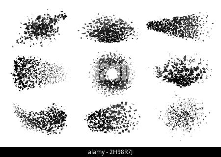 Particles burst. Shatter shapes, destructive triangles particle. Black geometrica explosion, abstract exploding fragments. Digital recent vector Stock Vector