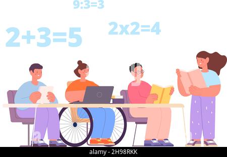 Inclusive education. Children reading book together. Kids on math lesson, disability kid study in class. Support and helping, no differents, vector Stock Vector