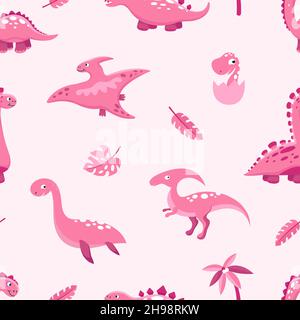Pink dino pattern. Cute cartoon dinosaurs, leaves and palm. Pastel color girly seamless texture. Funny prehistoric characters vector print Stock Vector
