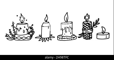 Candles set in doodle outline style. Vector illustrations of handdrawn candle icons. Handmade candles isolated on a white background Stock Vector