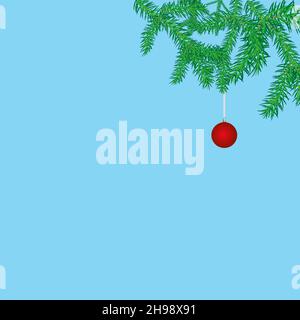 Illustration Christmas background with fir branches and a red ball. Illustration in a minimalist style, copy space. Stock Vector