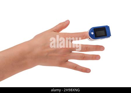 Pulse oximeter on a finger on white background. Stock Photo