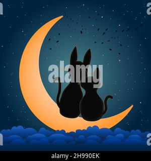 Two cats sitting on the crescent moon. Yellow moon and romance cats on starry night sky background. In love kittens couple silhouettes. Valentines Day Stock Vector