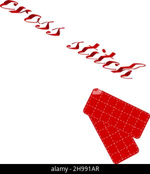 Cross stitch 3d mosaic font word with empty red square tag banner to write message. Cross stitch text phrase in isometric style. Vector. Conceptual. Stock Vector