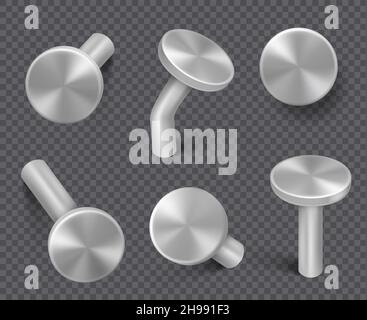 Steel nails. Metal construction items spike hardware carpentry iron caps tools decent vector realistic collection isolated Stock Vector