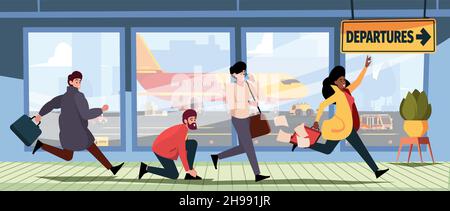 Late for plane. Travellers running to aviaterminal fast lifestyle rush persons with luggage stressed people garish vector flat background Stock Vector