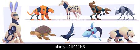 Steel animals. Robotic angry transformers animals with different mechanism and smart futuristic technologies fishes birds monsters exact vector Stock Vector