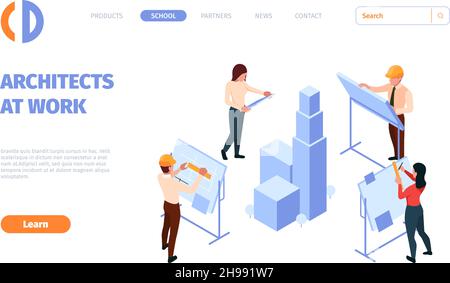 Architects landing. Engineers and designers working 3d real estate template garish vector web page with isometric pictures Stock Vector
