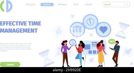 Time management landing. Work effective planning processes office productive business managers garish vector web page template with place for text Stock Vector