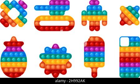 Silicon pop toys. Hand popping silicon puzzle plastic gadget for kids fidgeting entertainment garish vector colored geometrical forms Stock Vector