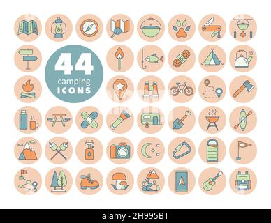 Camping, Hiking, Nature and Outdoor Activities icons set. Graph symbol for travel and tourism web site and apps design, logo, app, UI Stock Vector