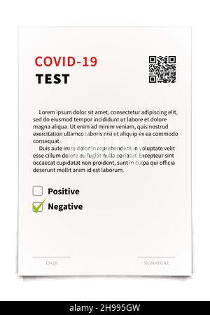 COVID-19 negative test certificate, example of document with QR-code on white Stock Vector