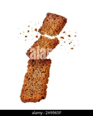 falling broken rye croutons with crumbs isolated on white Stock Photo