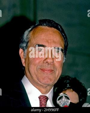 **FILE PHOTO** Bob Dole Has Passed Away at 98. Washington DC, USA, March 29, 1988. Republican Senator Robert Dole of Kansas with his wife Elizabeth Hanforth Dole and daughter Robin at his side announces during a news conference in the Russell Senate Office Building Caucus Room his decision to withdrawal from the Presidential campaign and move to support Vice President George H.W. Bush in his efforts to win the election. Credit: Mark Reinstein/MediaPunch Stock Photo