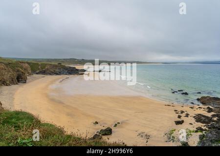 The view from Godrevy Point looking towards Hayle/Carbis Bay and St Ives Bay on a dull day in Cornwall Stock Photo
