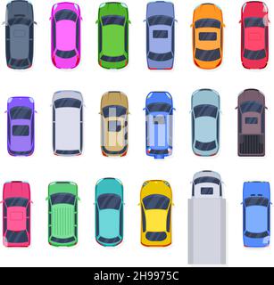 Top view cars. Flat creative car, isolated truck and autos. City transportation elements, lorry and vehicle. Diverse transport exact vector set Stock Vector