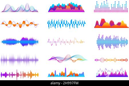 Sound waves set. Voice wave sounds, musical impulse graph. Vibrant music player interface, digital audio pulse signal. Waveform frequency exact vector Stock Vector