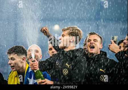 Malmoe, Sweden. 04th Dec, 2021. Felix Beijmo of Malmoe FF is celebrating the championship after the Allsvenskan match between Malmoe FF and Halmstad at Eleda Stadion in Malmoe. (Photo Credit: Gonzales Photo/Alamy Live News Stock Photo