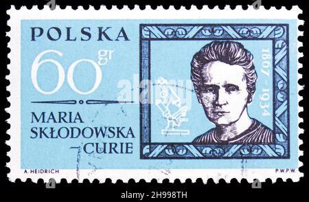 MOSCOW, RUSSIA - NOVEMBER 7, 2021: Postage stamp printed in Poland shows Marie Sklodowska-Curie (1867-1934), Famous Poles serie, circa 1963 Stock Photo