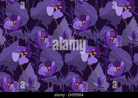 Vector floral seamless pattern. Design with flowers and leaves in purple tones.  Stock Vector