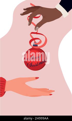 Christmas ball, a man gives a Christmas tree decoration to a woman. Two hands. Stock Vector