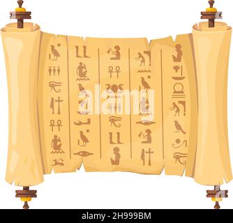 Egyptian papyrus scroll. Ancient egyptians hieroglyphs on old paper, egypt historical archaeological manuscript with pharaoh and pyramid, neat cartoon vector. Illustration of old ancient papyrus Stock Vector