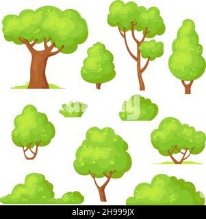 Cartoon hedge set. Garden park green bushes, gardening plants with flowers, forest vegetation, trees bush shrub with branch, bushs for game, hedges vector design. Illustration of spring park green Stock Vector